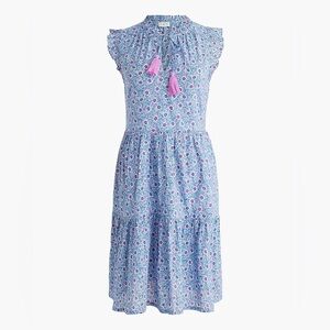 J.Crew Blue Floral Print Tassel Ruffle-sleeve Tiered Preppy Beach Dress L NWT